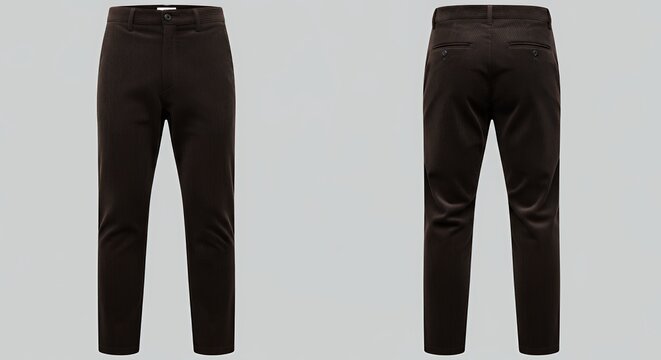 Men's dark brown corduroy trousers shown from the front and back featuring a slim fit design.