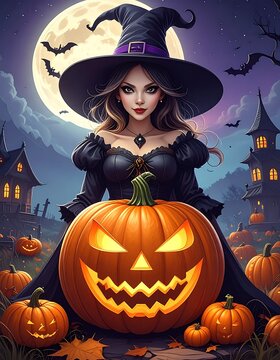 A woman in a witch hat holding a carved jack-o'-lantern