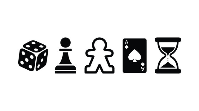 set of hand drawn Board game icons featuring die chess pawn meeple ace of spades playing card and hourglass minimalist black and white doodle style for gaming hobby and tabletop entertainment vector.