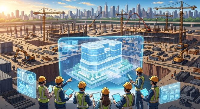 Construction site with digital projections and workers overseeing design