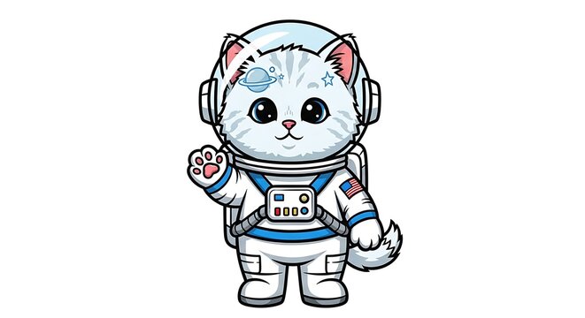 Cute cartoon cat in astronaut suit.