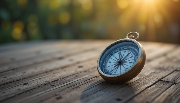 &ldquo;Compass on wooden table with blurred background, symbol of life direction and purpose, natural lighting, warm tones, shallow focus, lifestyle concept&rdquo;