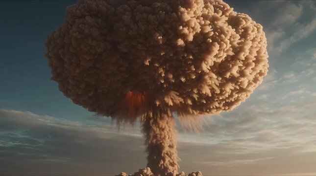 Huge nuclear mushroom cloud explosion in barren desert landscape