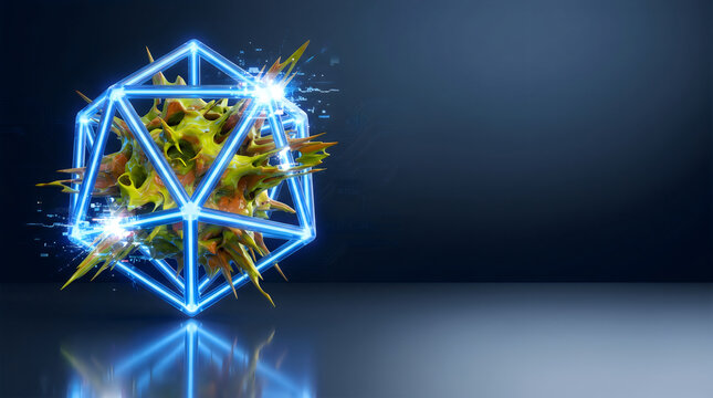 Abstract 3D Glowing Wireframe Polyhedron Containing Organic Spiky Mass - Sci-Fi Virus or Quantum Anomaly Concept