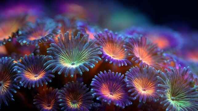 Macro shot of colorful zoanthid coral polyps in a reef aquarium, vibrant purple, blue, and orange marine life