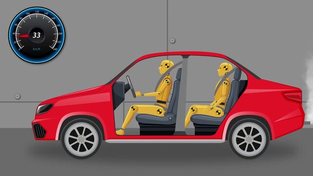 Dynamic crash test footage with two yellow mannequins inside a red car demonstrating safety features and impact.