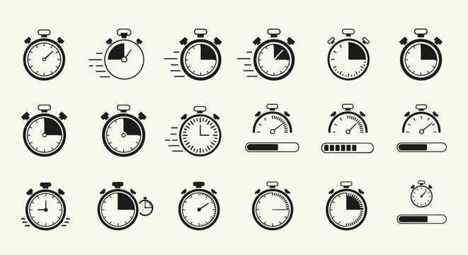 Dynamic set of stopwatches and timer symbols illustrating elapsed time, speed, and ongoing process