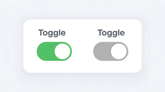 Modern digital toggle switch ui elements showing active green and inactive grey states on a minimalist clean white background