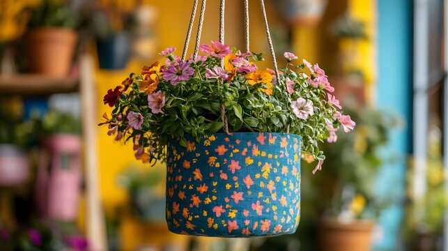 A vibrant hanging planter crafted from repurposed fabric with colorful floral patterns holds a lush bouquet of pink and yellow zinnias suspended by ropes against a bright, elegantly showcasing diy.