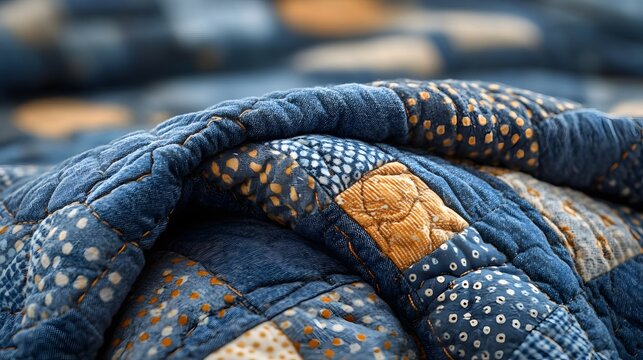 A close up of a denim quilt with unique patterns inviting warmth and comfort through intricate stitching and textured fabric design in rich blue tones suitable for home decor or lifestyle imagery.