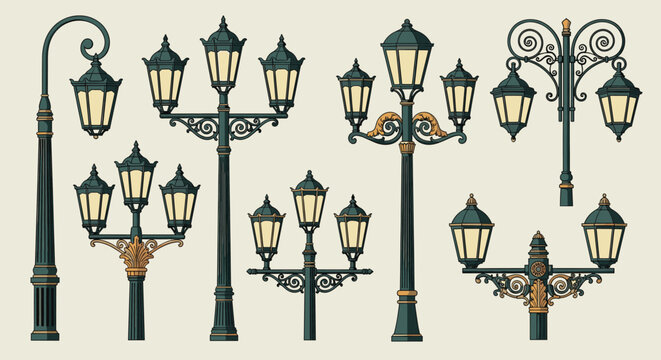 Elegant vintage street lights with classic decorative lampposts perfect for urban architectural projects