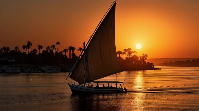 Traditional wooden dhow sailboat on calm water at golden sunset