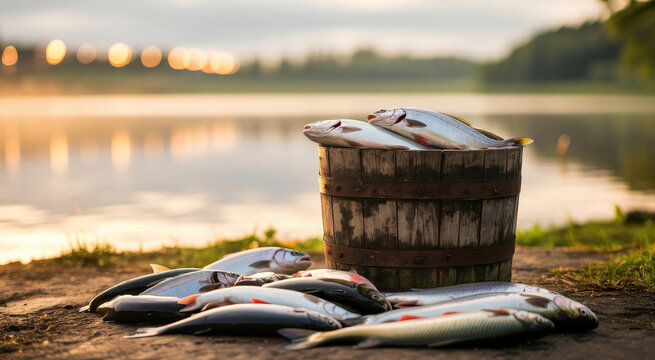 Freshly caught fish piled in a wooden barrel on the shore of a lake during a golden sunset hour