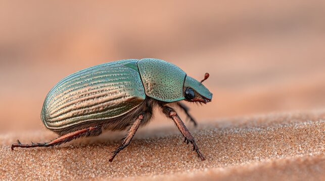 Metallic bronze scarab beetle with iridescent shell basking on sandy ground in natural sunlight
