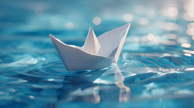 Simple white origami paper boat floating on calm water ripples