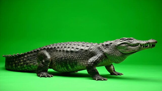 A crocodile is standing on a green surface in a studio setting with its mouth open.