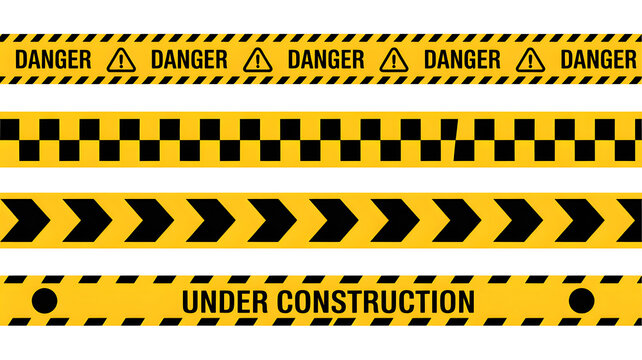 Collection of yellow and black caution tapes featuring 'danger' text a checkered pattern directional arrows and 'under