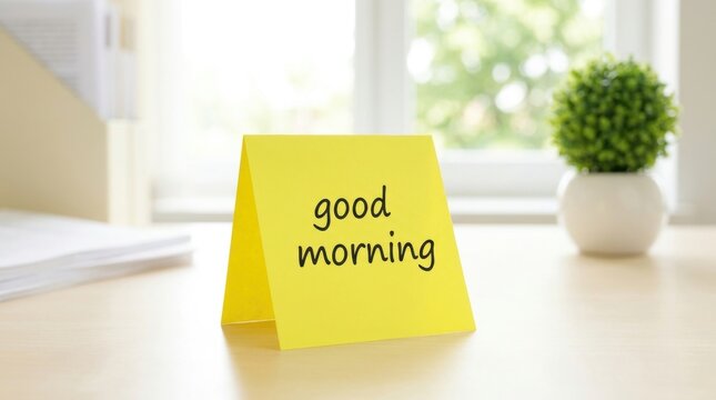 Bright morning office desk scene with a yellow sticky note displaying 'good morning' message creating a positive start