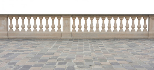 Fototapeta premium Stone balustrade railing on a paved terrace with cobblestone floor isolated on a white background