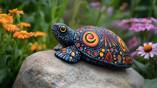 A vibrantly painted ceramic turtle with intricate swirling patterns rests on a natural stone amidst colorful wildflowers in a sunlit garden setting evoking whimsy and artistic craftsmanship.
