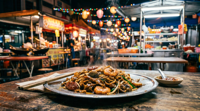 Char kway teow stir fried noodles with shrimp in vibrant night market