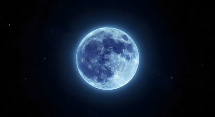 Fototapeta premium luminous blue planet with faint rings glowing surface craters ridges cosmic starry background ethereal design