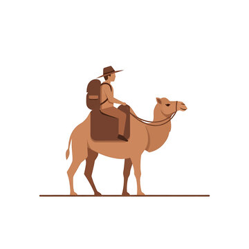 Man Riding Camel with Backpack.
