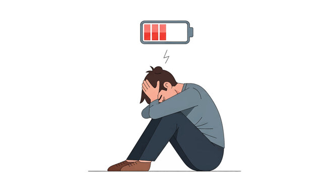 Man sitting with low battery symbol.