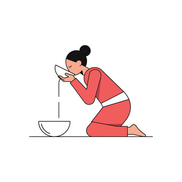 Woman vomiting into a bowl.