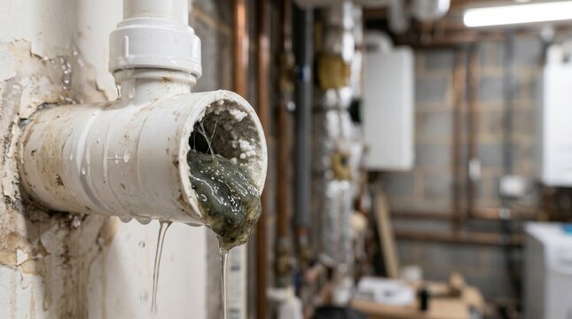 Severe plumbing blockage in white PVC pipe with slime and water dripping in a boiler room. Close up of internal mineral scale and organic waste accumulation problem detail.