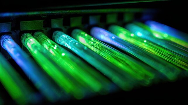 Illuminated fiber optic splitter glowing with vibrant green and blue light, showcasing advanced communication technology