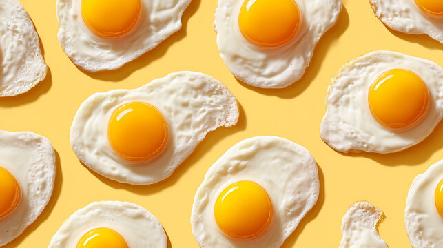 Top View Composition of Fried Eggs Repeated on Yellow Background for Breakfast Theme