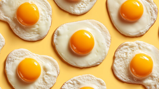 Minimal Food Pattern of Sunny Side Up Eggs on Pastel Yellow Background