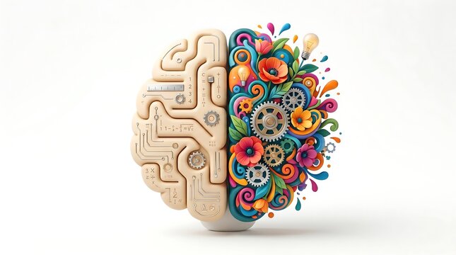 A stylized human brain, divided into two halves: one half logical and the other creative.