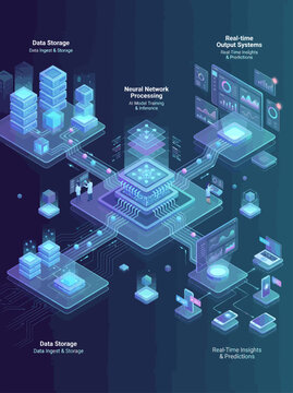 Isometric AI data pipeline illustration showcasing neural network processing, cloud storage, and real-time insights for predictions.