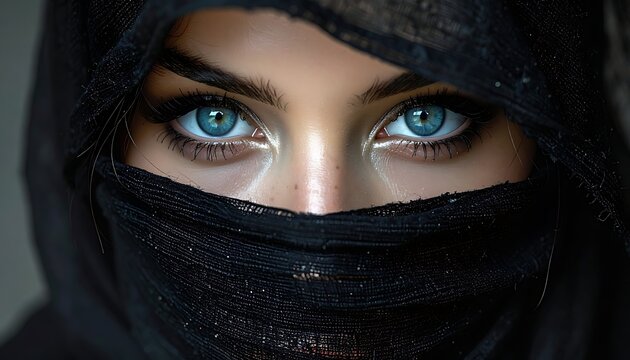 A woman's piercing blue eyes behind a black niqab