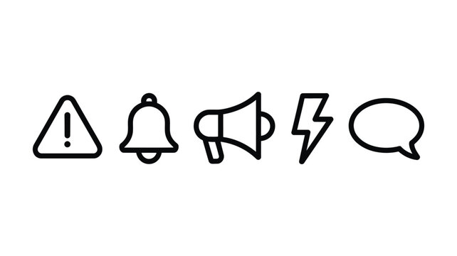 Set of hand drawn Notification icons including warning bell megaphone lightning and speech bubble minimalist black ink doodles on white background for apps and web design vector illustration.