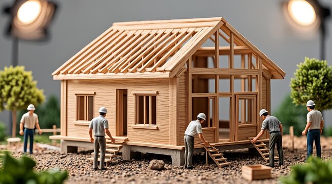 Miniature wooden house construction scene with tiny builders