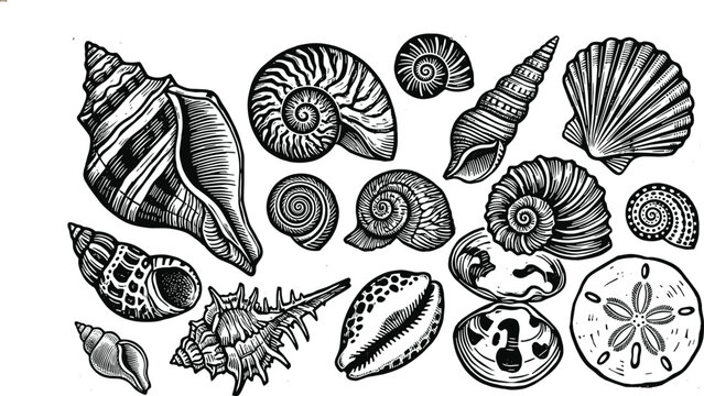 Hand-Drawn Seashell Set with Various Shell Types and Detailed Patterns for Beach, Ocean, and Nature Designs
