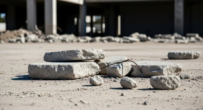 Scattered Concrete Debris and Rubble on a Dusty Construction Site