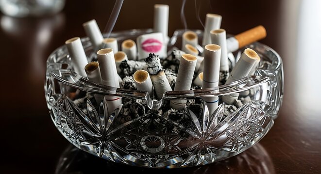Closeup of a crystal ashtray filled with many cigarette butts and ash, with one cigarette featuring a lipstick mark on the filter