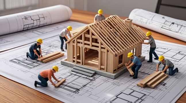 Concept of construction and development of a residential house model on blueprints with builders
