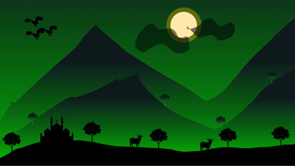 Silhouetted mountains glow under a full moon. Bats fly low above dark, rolling peaks. Castle stands quiet on the hillside's edge. Deer graze peacefully in the valley's shadow. Trees dot the landscape © Saepul