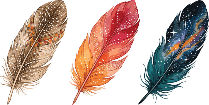 Bohemian Feather Set in Earthy Tones, Warm Hues, and Galactic Colors with Intricate Patterns for Nature, Art, and Home Decor Designs