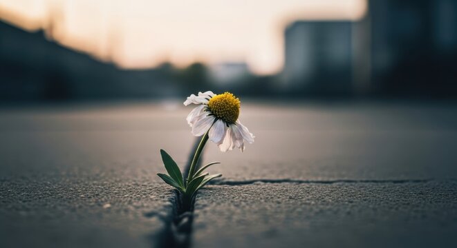 Delicate white and yellow flower pushing through a crack in cracked pavement with blurred urban background