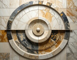 Naklejka premium Circular arrangement of marble tiles creating a decorative design. Nested circles with varied textures and colors. Geometric, symmetrical artwork
