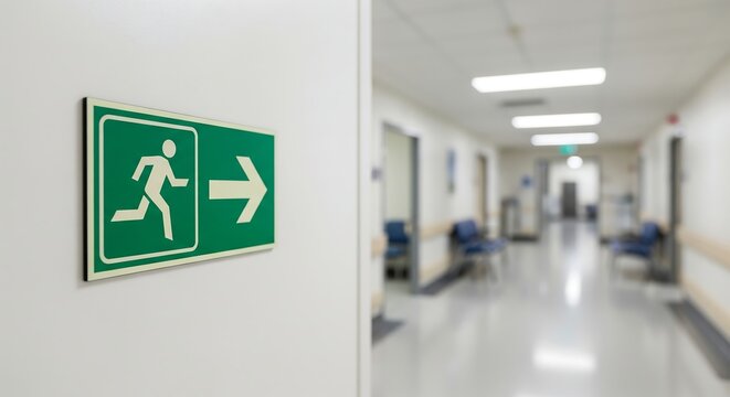 A green emergency exit sign with a running figure and an arrow pointing to the right is mounted on a white wall in a hospital corridor.