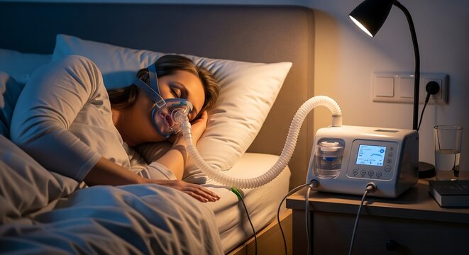 Woman sleeping with a CPAP machine and mask for sleep apnea treatment in a bedroom at night.