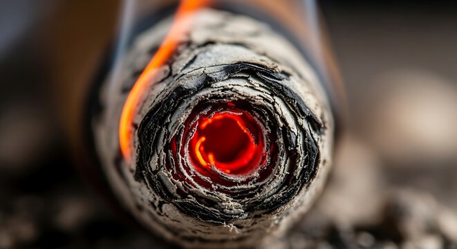 Closeup of a burning cigar tip with glowing embers and ash, macro photography of tobacco combustion, intense heat and smoke texture