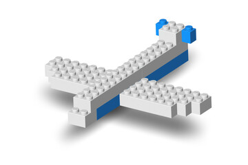 Naklejka premium White and blue airplane made by realistic Lego plastik constructor parts isolated on white background. Fly travel concept. 3D rendered editorial vector illustration